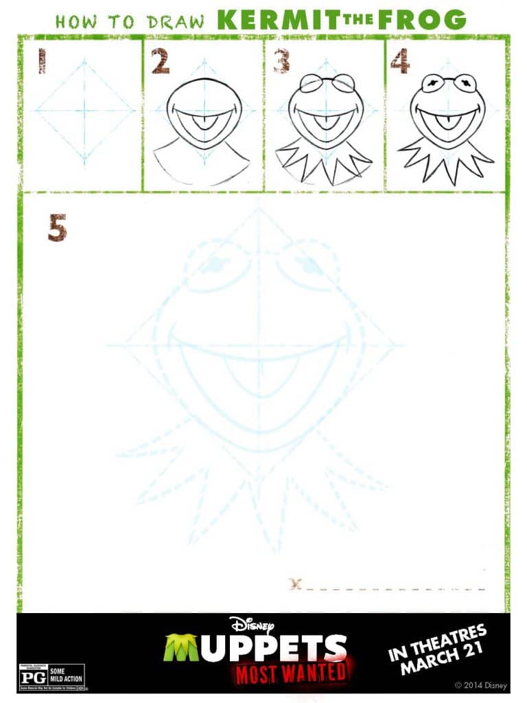 Draw Kermit, Muppets Most Wanted Free printables, Muppets free printable