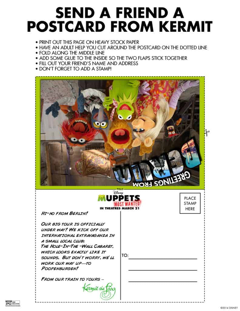 Kermit Postcard, Muppets Most Wanted Free printables, Muppets free printable