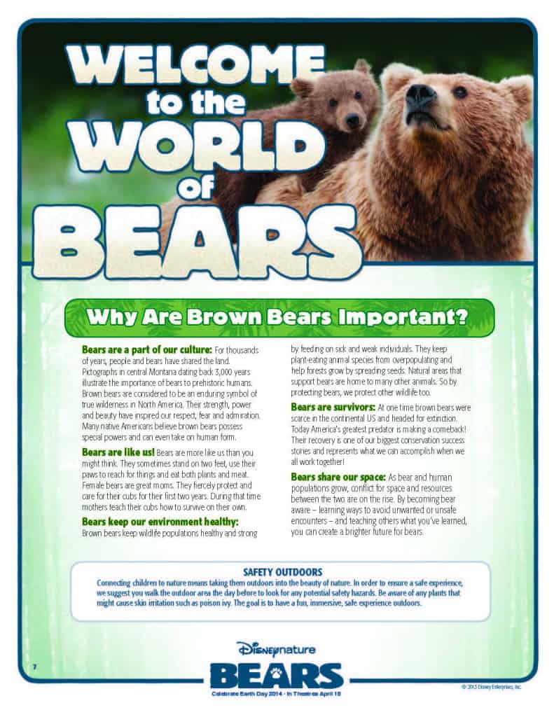Welcome to the World of Bears, DisneyNature's Bears free printables activities
