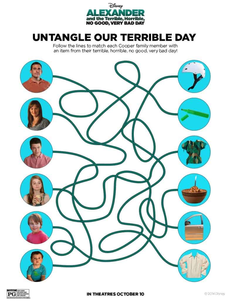 Alexander and the Terrible, Horrible, No Good, Very Bad Day movie trailer, images, activity sheets, free printables 