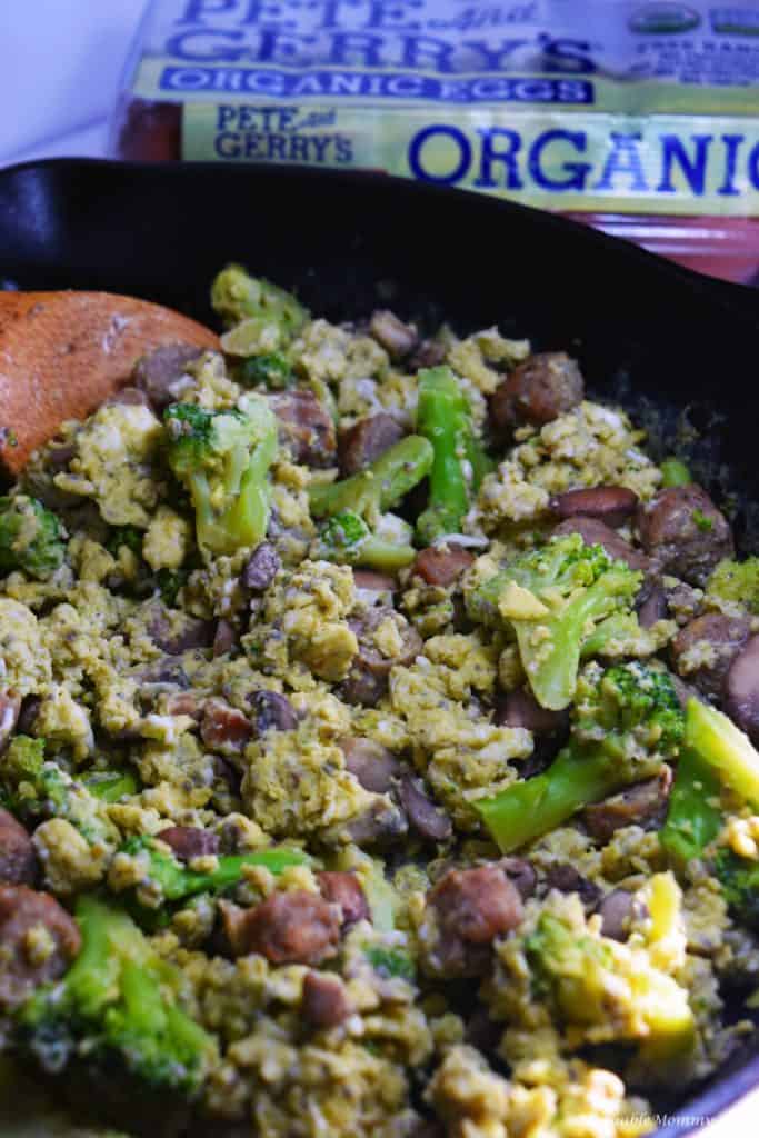 Cheesy Sausage Broccoli Mushroom Egg Scramble