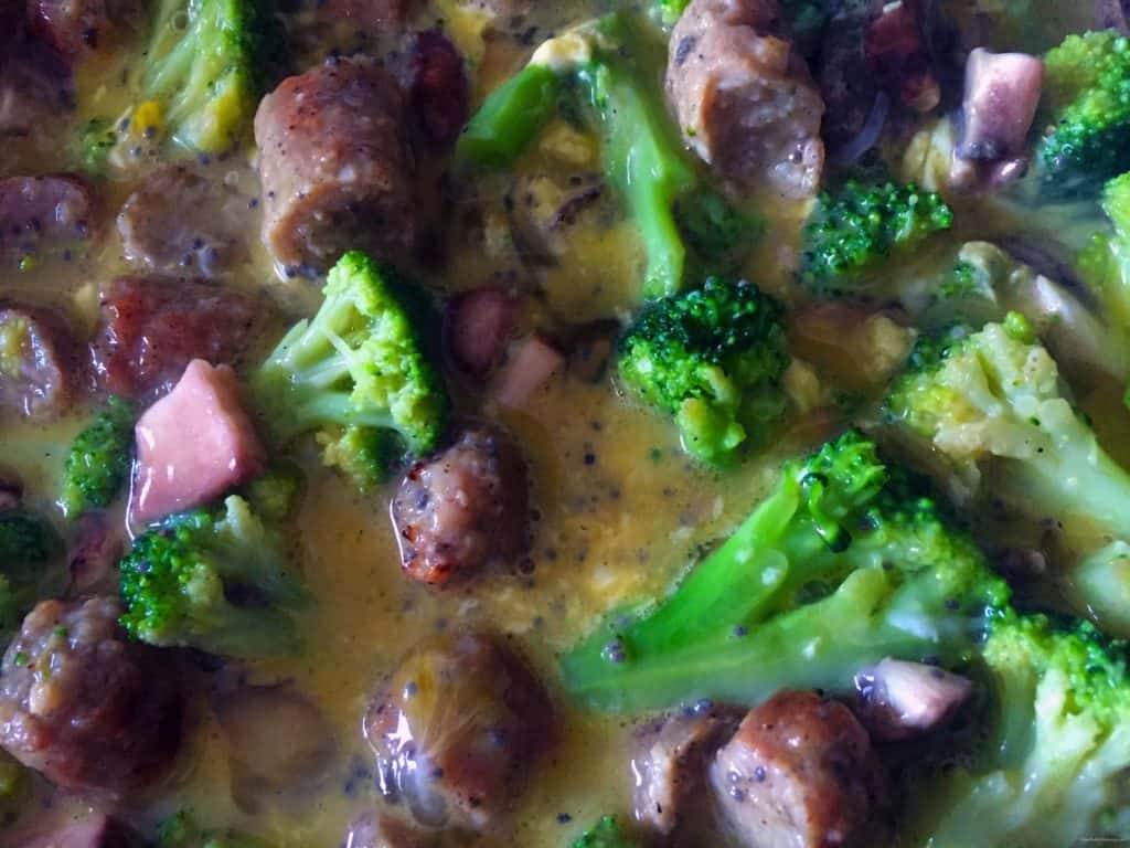 Cheesy Sausage Broccoli Mushroom Egg Scramble